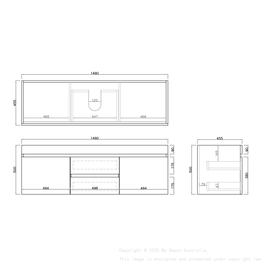 1490X455X500mm Camden Mordern Wall Hung Cabinet Coastal Oak Soft Closing Finger Pull Doors Middle Drawers