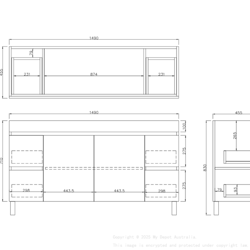1490X455X710mm Camden Modern Free Standing Cabinet Coastal Oak Soft Closing Finger Pull Doors Middle Doors