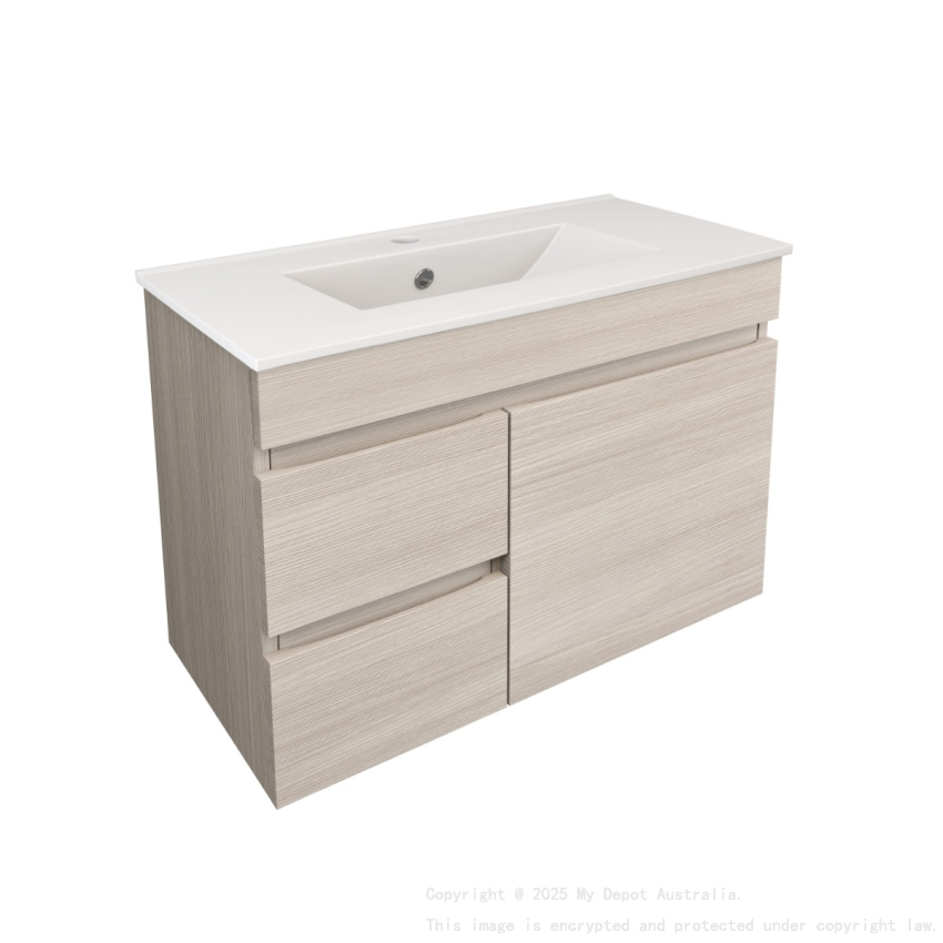 890X370X500mm Camden Modern Wall Hung Cabinet Coastal Oak Soft Closing Finger Pull Door Left Hand Drawers