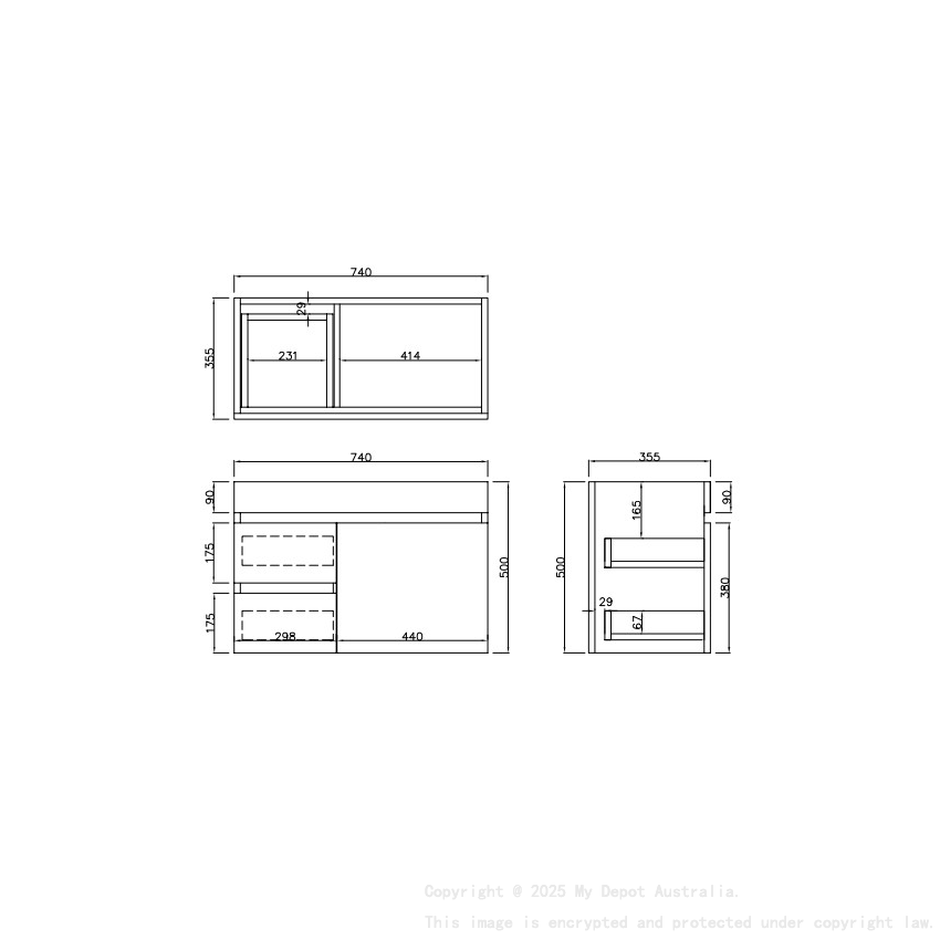 740X370X500mm Camden Modern Wall Hung Cabinet Prime Oak Soft Closing Finger Pull Door Left Hand Drawers