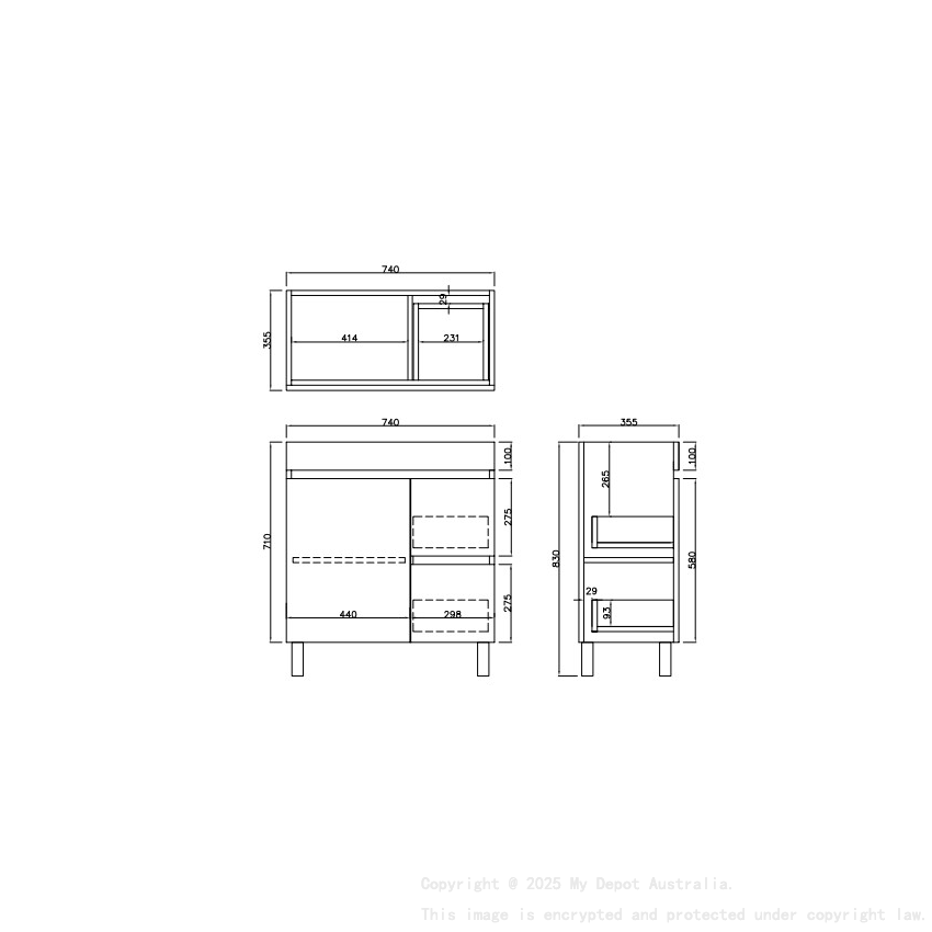 740X355X710mm Camden Modern Free Standing Cabinet Prime Oak Soft Closing Finger Pull Door Right Hand Drawers