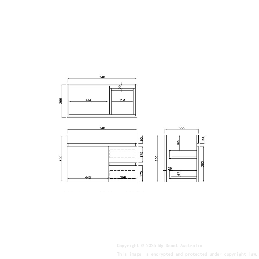 740X370X500mm Camden Modern Wall Hung Cabinet Prime Oak Soft Closing Finger Pull Door Right Hand Drawers