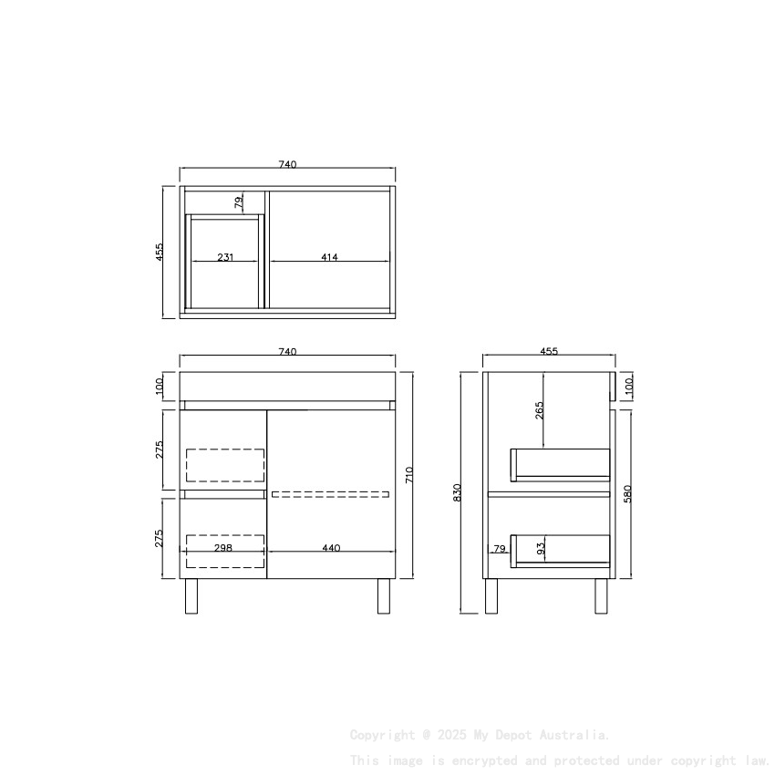 740X455X710mm Camden Modern Free Standing Cabinet Coastal Oak Soft Closing Finger Pull Door Left Hand Drawers