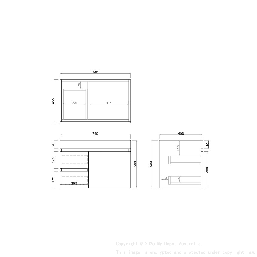 740X455X500mm Camden Mordern Wall Hung Cabinet Coastal Oak Soft Closing Finger Pull Door Left Hand Drawers