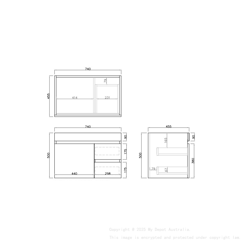 740X455X500mm Camden Mordern Wall Hung Cabinet Coastal Oak Soft Closing Finger Pull Door Right Hand Drawers