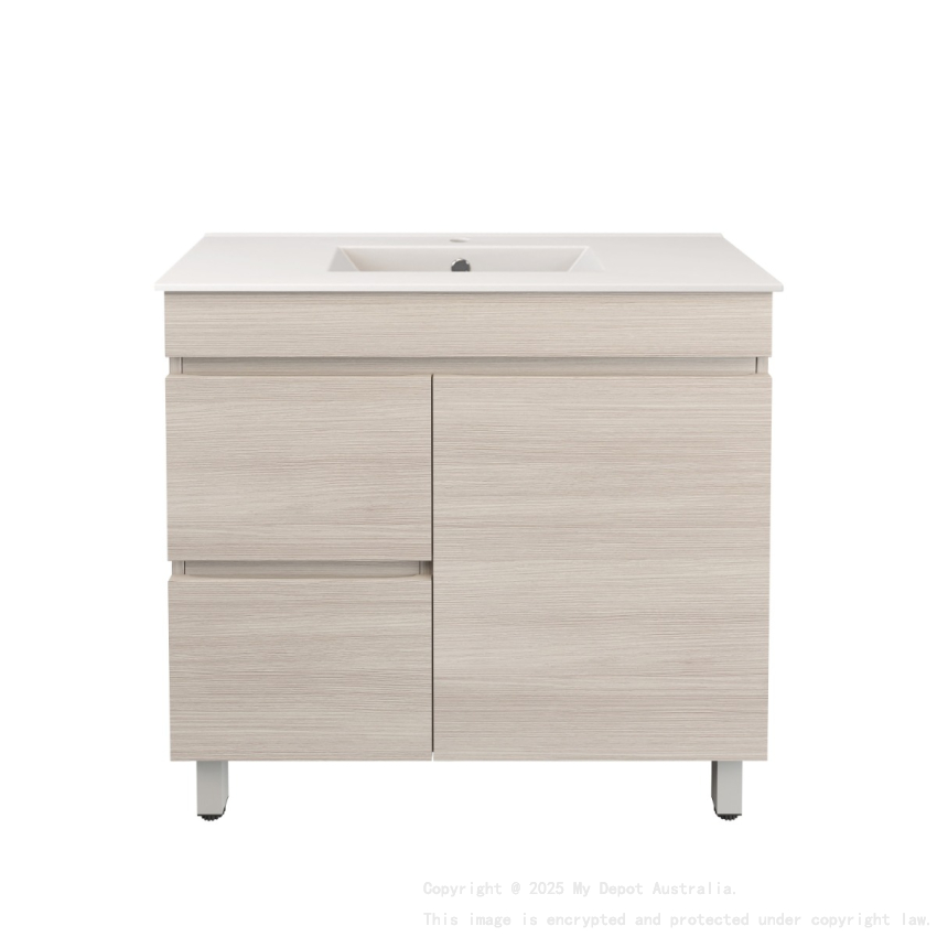 890X355X710mm Camden Modern Free Standing Cabinet Coastal Oak Soft Closing Finger Pull Door Left Hand Drawers