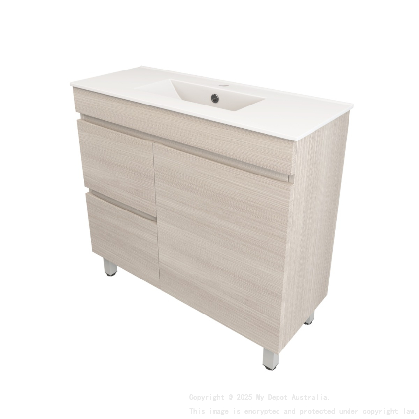 890X355X710mm Camden Modern Free Standing Cabinet Coastal Oak Soft Closing Finger Pull Door Left Hand Drawers