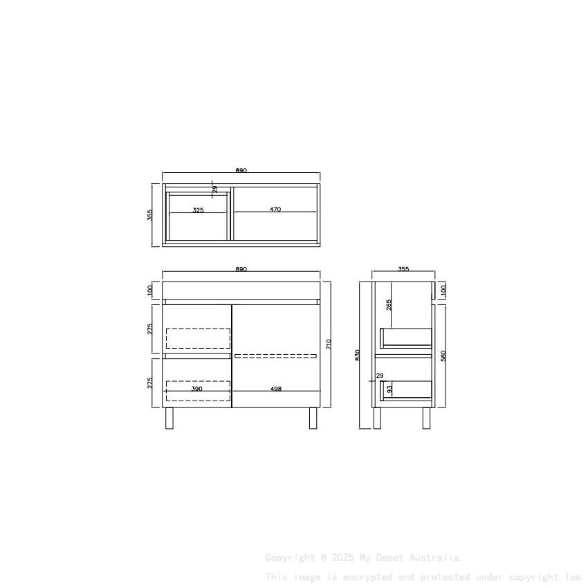 890X355X710mm Camden Modern Free Standing Cabinet Coastal Oak Soft Closing Finger Pull Door Left Hand Drawers