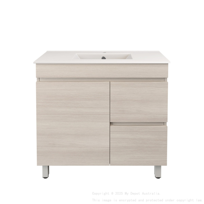 890X355X710mm Camden Modern Free Standing Cabinet Coastal Oak Soft Closing Finger Pull Door Right Hand Drawers