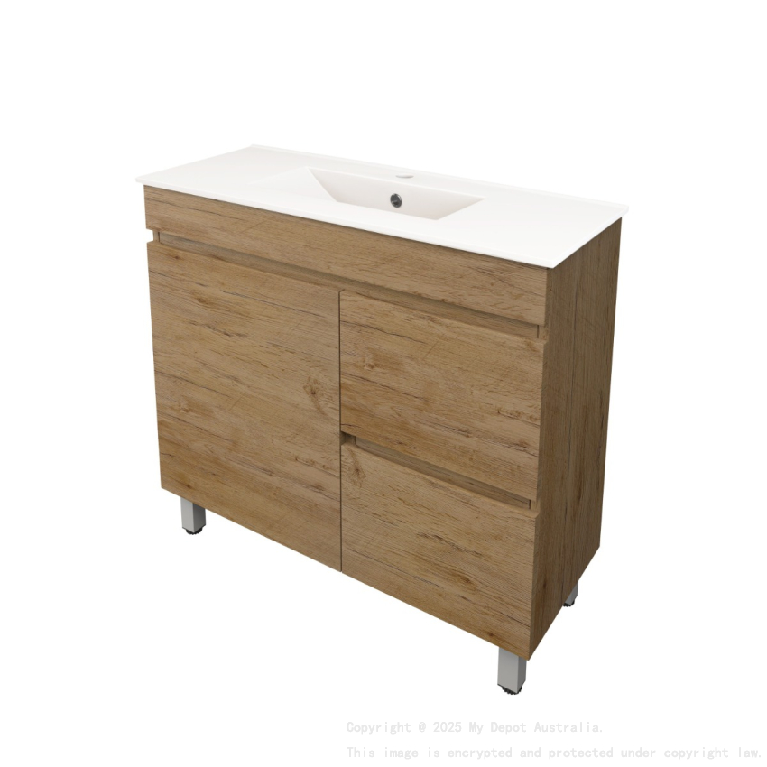 890X355X710mm Camden Modern Free Standing Cabinet Prime Oak Soft Closing Finger Pull Door Right Hand Drawers