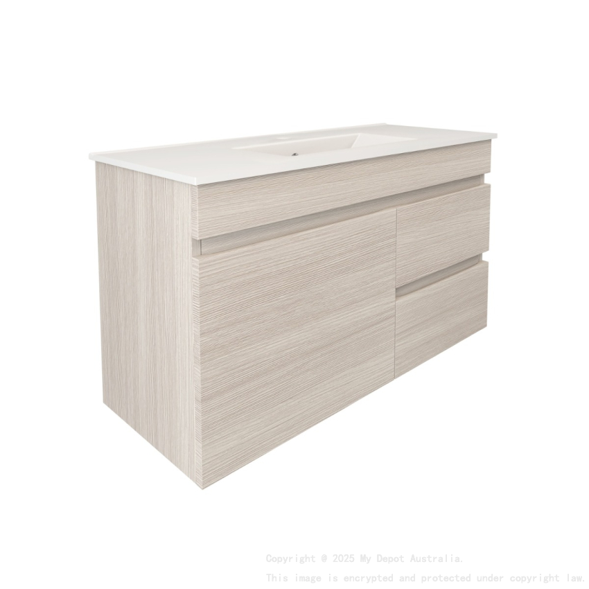 890X370X500mm Camden Modern Wall Hung Cabinet Coastal Oak Soft Closing Finger Pull Door Right Hand Drawers