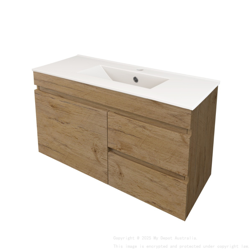 740X370X500mm Camden Modern Wall Hung Cabinet Prime Oak Soft Closing Finger Pull Door Right Hand Drawers