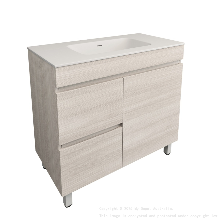 890X455X710mm Camden Modern Free Standing Cabinet Coastal Oak Soft Closing Finger Pull Door Left Hand Drawers