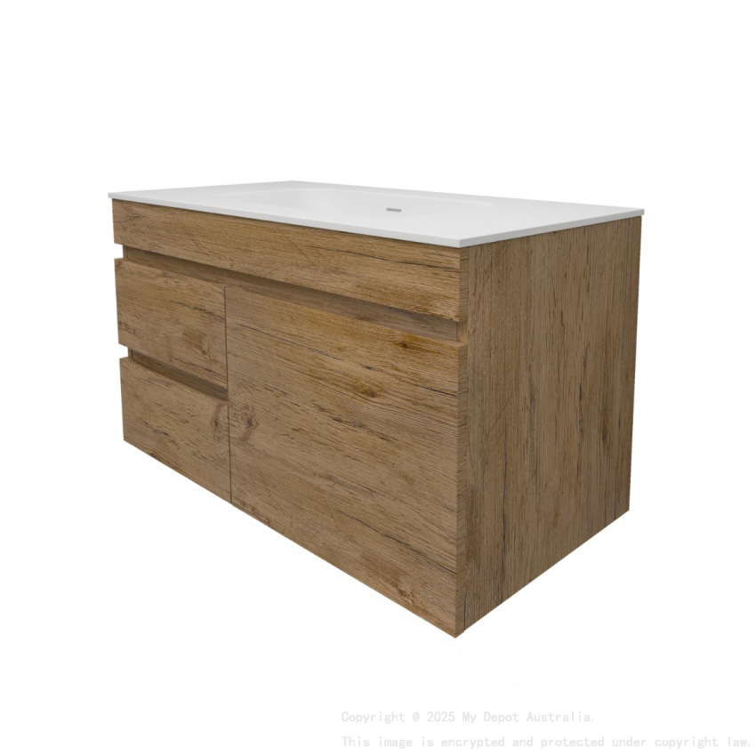 890X455X500mm Camden Mordern Wall Hung Cabinet Prime Oak Soft Closing Finger Pull Door Left Hand Drawers