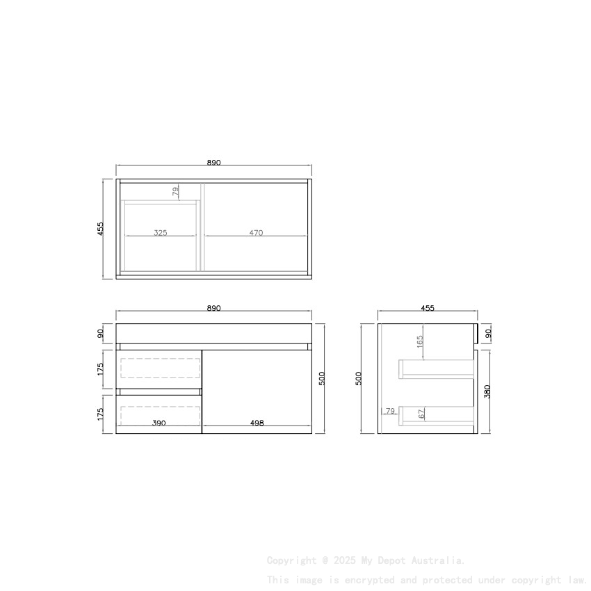 890X455X500mm Camden Mordern Wall Hung Cabinet Coastal Oak Soft Closing Finger Pull Door Left Hand Drawers