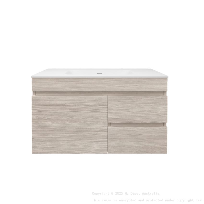 890X455X500mm Camden Mordern Wall Hung Cabinet Coastal Oak Soft Closing Finger Pull Door Right Hand Drawers