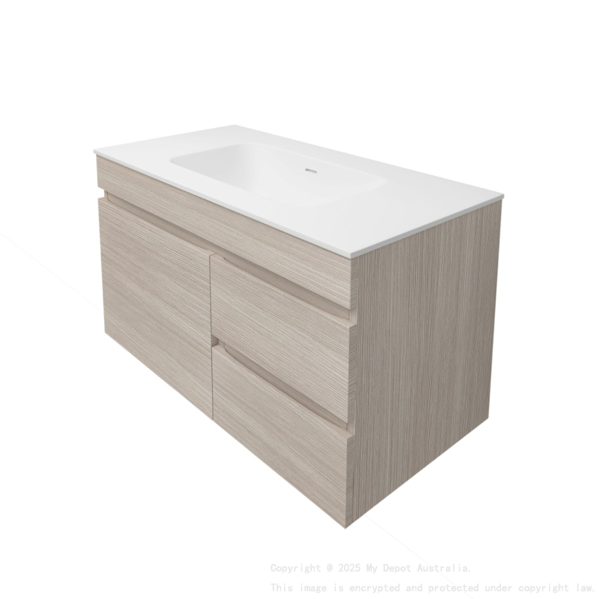 890X455X500mm Camden Mordern Wall Hung Cabinet Coastal Oak Soft Closing Finger Pull Door Right Hand Drawers