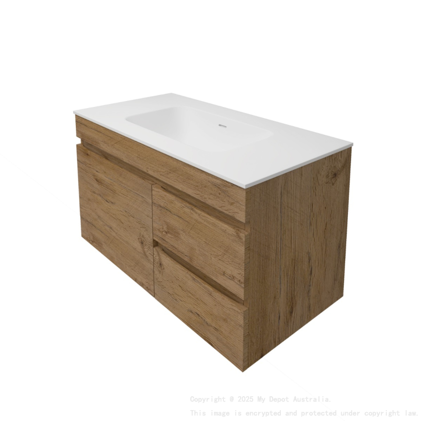 890X455X500mm Camden Mordern Wall Hung Cabinet Prime Oak Soft Closing Finger Pull Door Right Hand Drawers