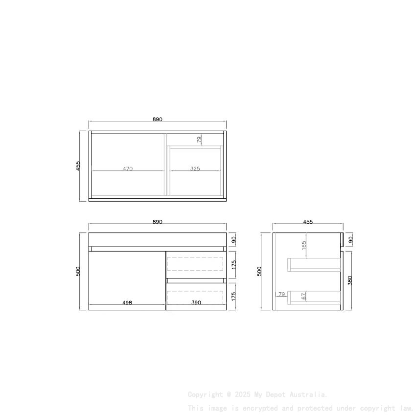 890X455X500mm Camden Mordern Wall Hung Cabinet Prime Oak Soft Closing Finger Pull Door Right Hand Drawers