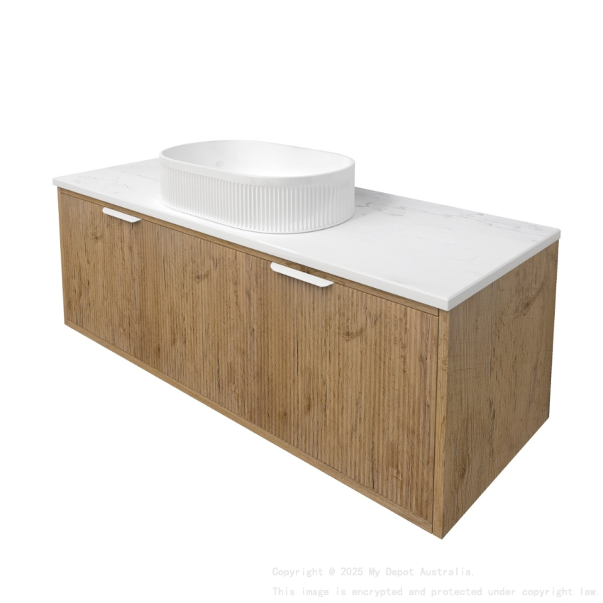 1190x455x400mm Kliff Fluted Wood Grain Vanity Prime Oak Soft Closing Drawer Pull Out With Handle