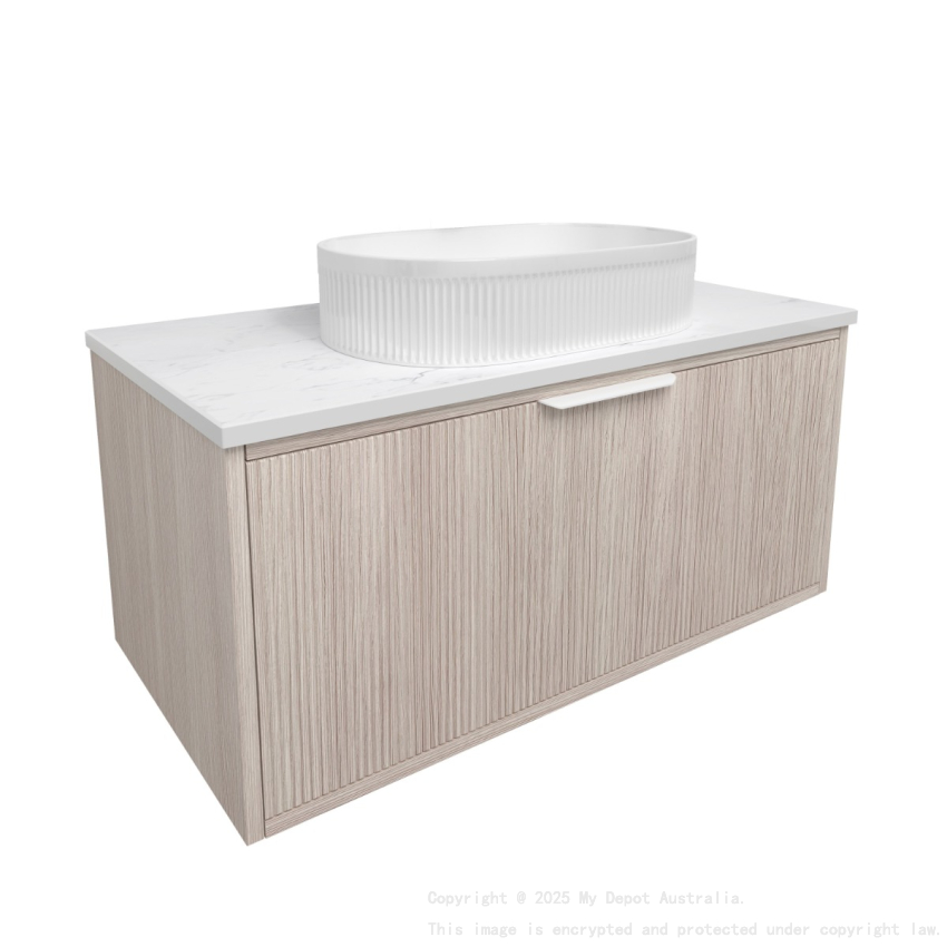 890x455x400mm Kliff Fluted Wood Grain Vanity Coastal Oak Soft Closing Drawer Pull Out With Handle