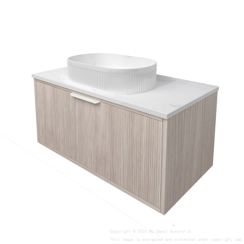 890x455x400mm Kliff Fluted Wood Grain Vanity Coastal Oak Soft Closing Drawer Pull Out With Handle