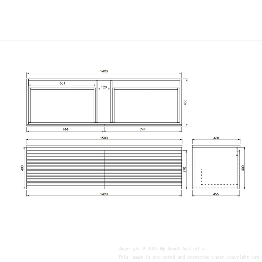 1490x455x400mm Matte Black Sedona Modern Fluted Wall Hung PVC Cabinet