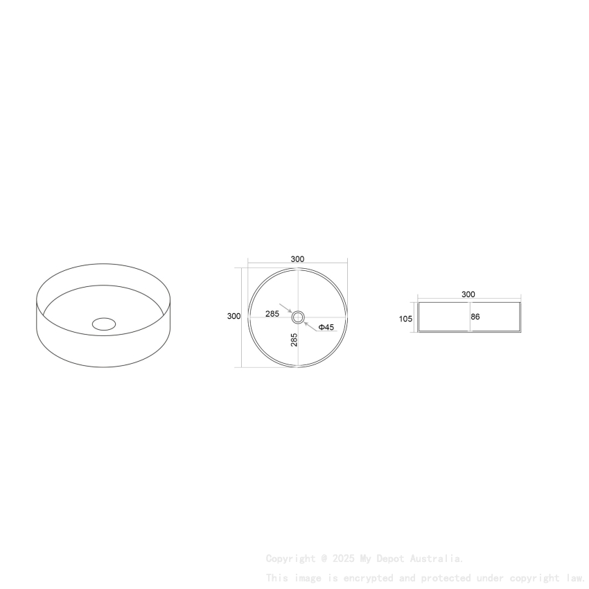 300*300*105mm Matte Black Olley Fine Ceramic Above Counter Basin No Overflow 32mm Waste