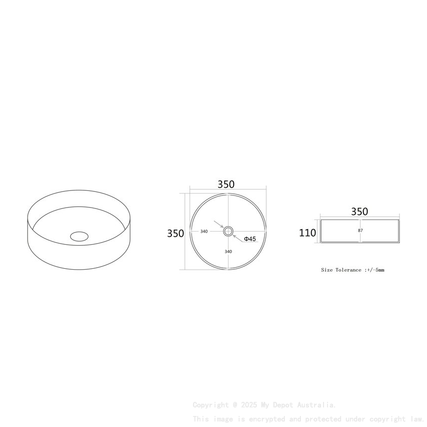 350*350*110mm Gloss White Olley Fine Ceramic Above Counter Basin No Overflow 32mm Waste