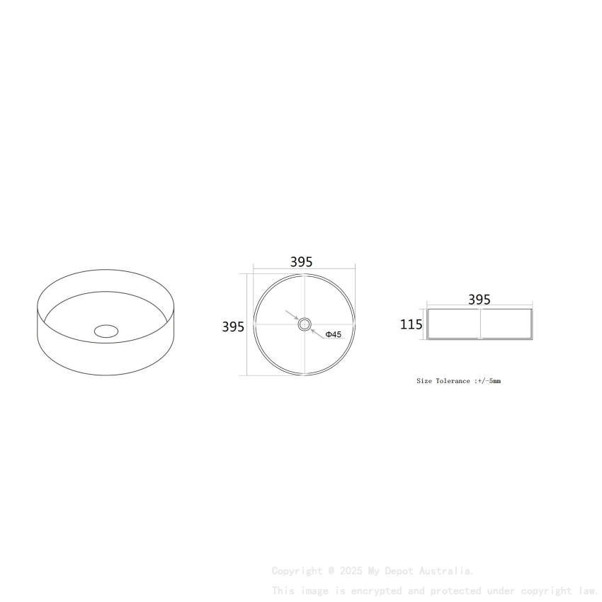 395*395*115mm Matte White Olley Fine Ceramic Above Counter Basin No Overflow 32mm Waste