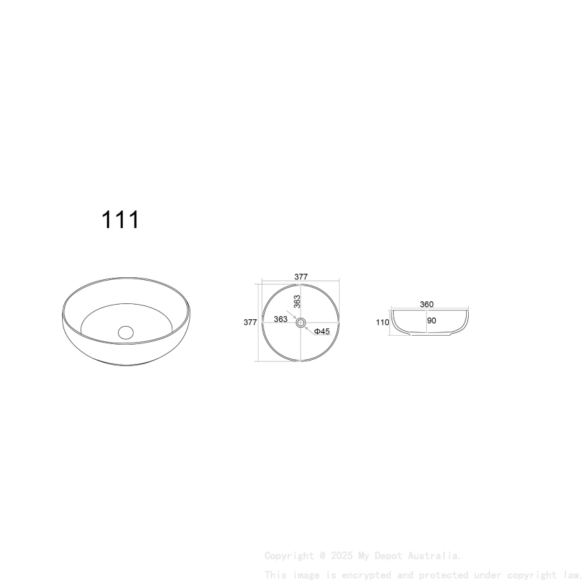 377*377*110mm Matte Black Oban Fine Ceramic Above Counter Basins No Overflow 32mm Waste