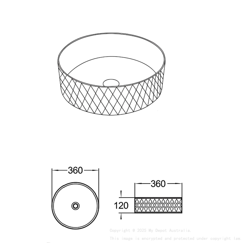 360*360*120mm Matte Black Outside Matt White Inside Ollia Diamond Fine Ceramic Above Counter Basin No Overflow 32mm Waste