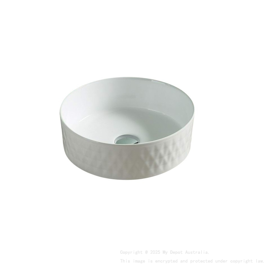360*360*120mm Gloss White Ollia Diamond Fine Ceramic Above Counter Basin No Overflow 32mm Waste
