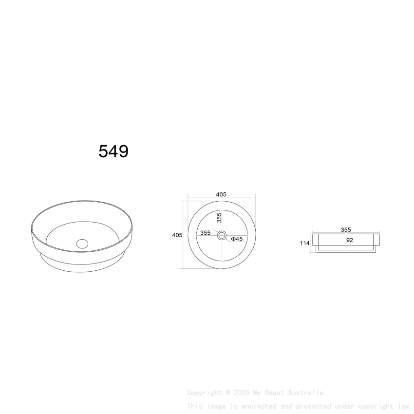 405*405*114mm Gloss White Olley Fine Ceramic Insert Art Basins No Overflow 32mm Waste