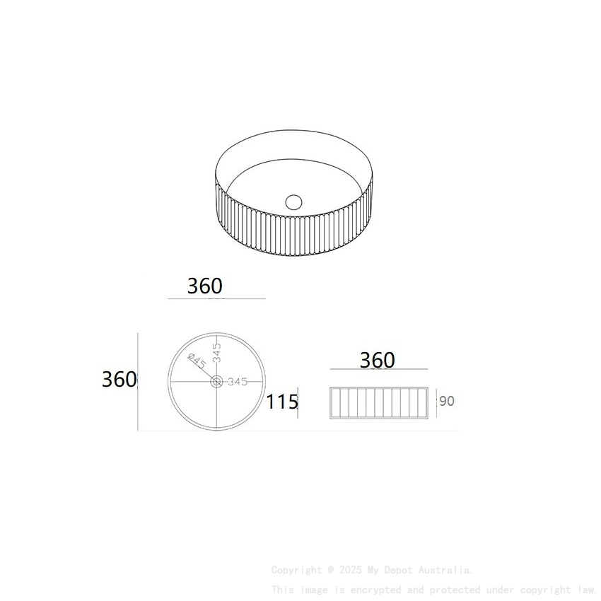360*360*115 Matte White Olley Fine Ceramic Fluted Art Basin No Overflow 32mm Waste