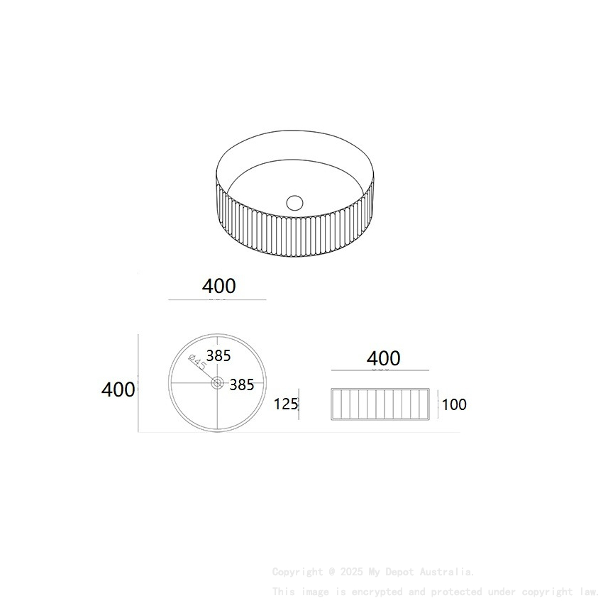 400*400*125mm Matte Black Olley Fine Ceramic Fluted Art Basin No Overflow 32mm Waste