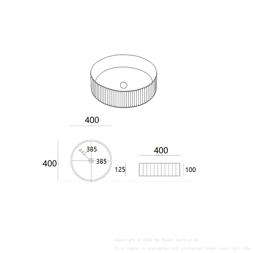 400*400*125mm Gloss White Olley Fine Ceramic Fluted Art Basin No Overflow 32mm Waste