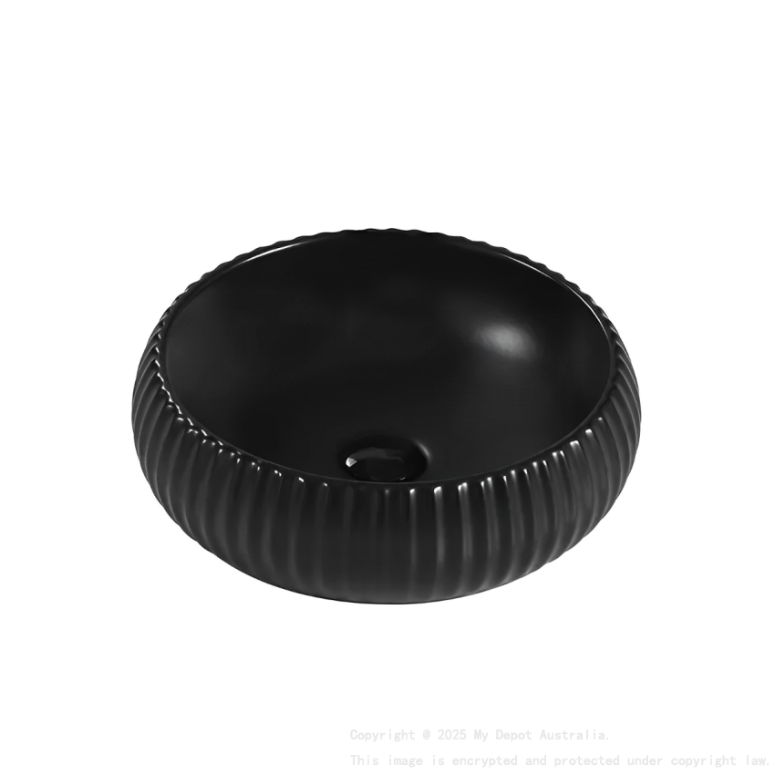 410*410*130mm Matte Black Oran Fine Ceramic Fluted Art Basin No Overflow 32mm Waste