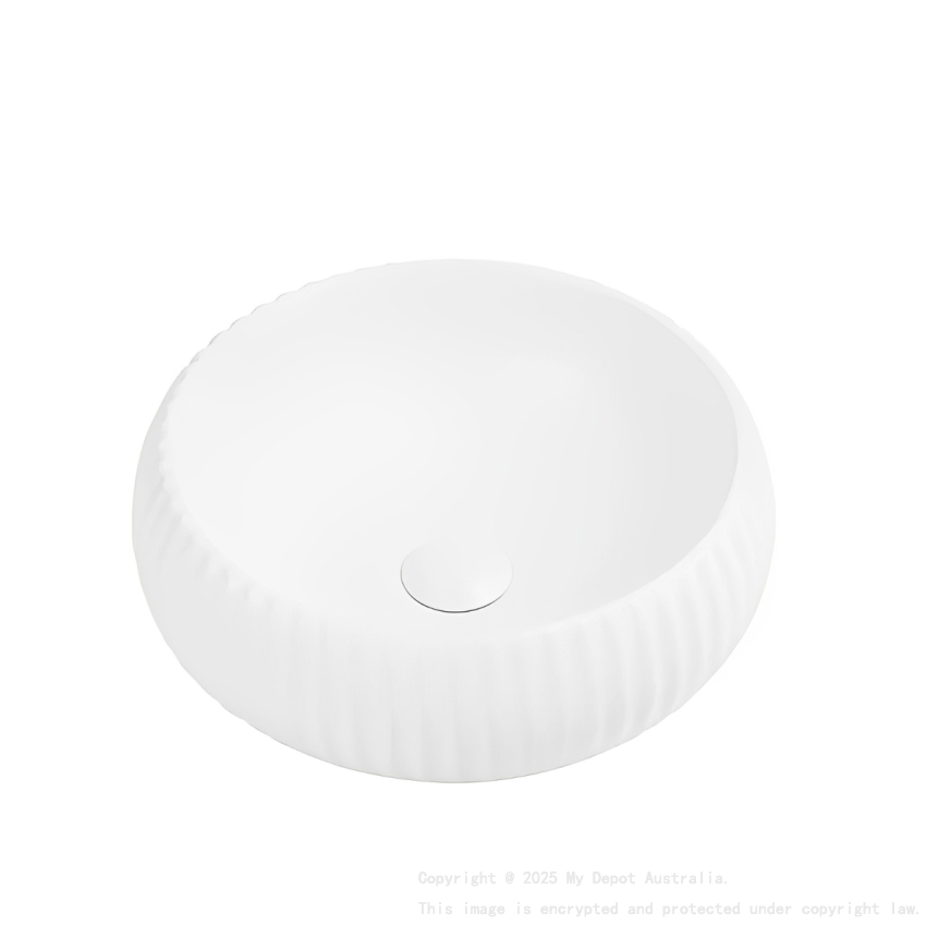410*410*130mm Matte White Oran Fine Ceramic Fluted Art Basin No Overflow 32mm Waste