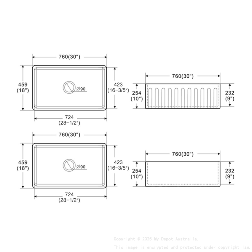 Size:760*459*254mm Bowl Size:724*423*232mm Gloss White Rocca Fine Fireclay Farm House Buttler Sink Single Bowl Grid And Waste Included