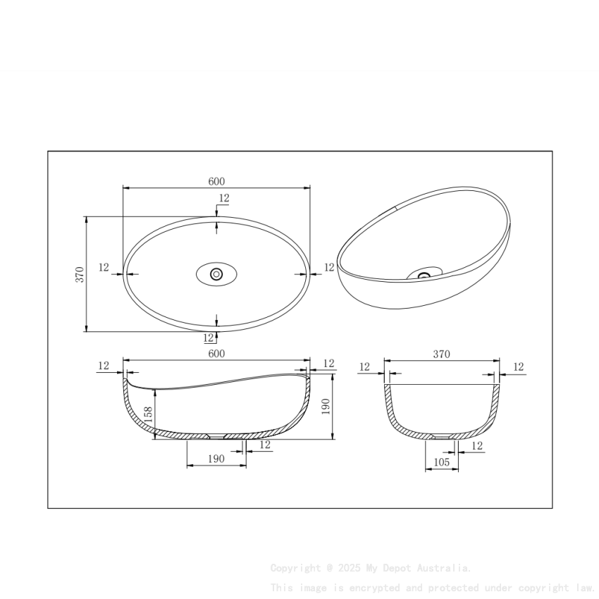600*370*190mm Gloss White Waverton Solid Surface Stone Above Counter Basin 32mm Waste