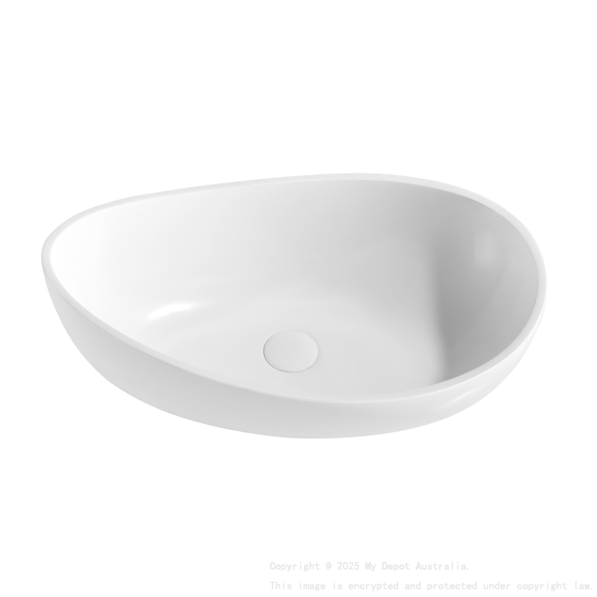 600*370*190mm Gloss White Waverton Solid Surface Stone Above Counter Basin 32mm Waste