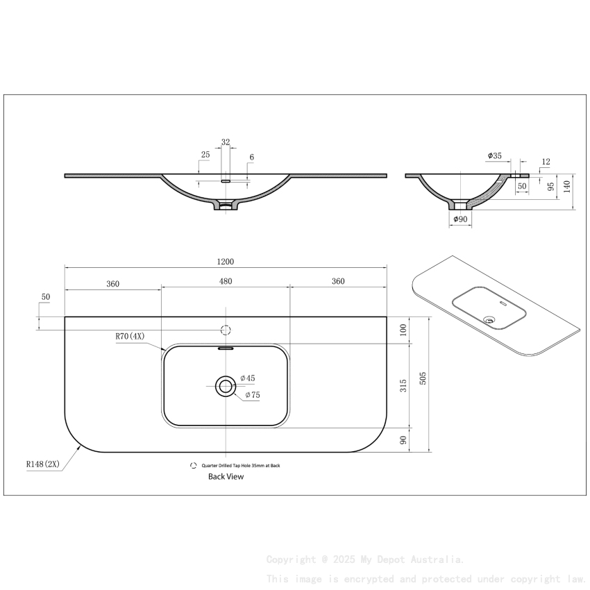 1205X505X140 Matte White Aruro Solid Surface Stone Basin