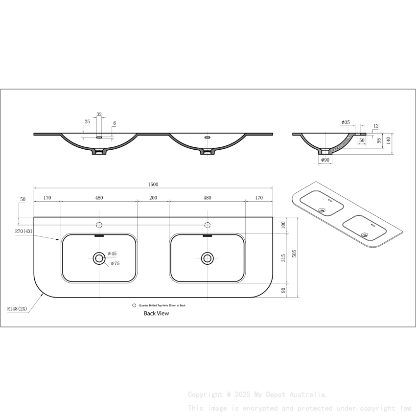 1505X505X140 Matte Black Aruro Solid Surface Stone Basin Double Bowl
