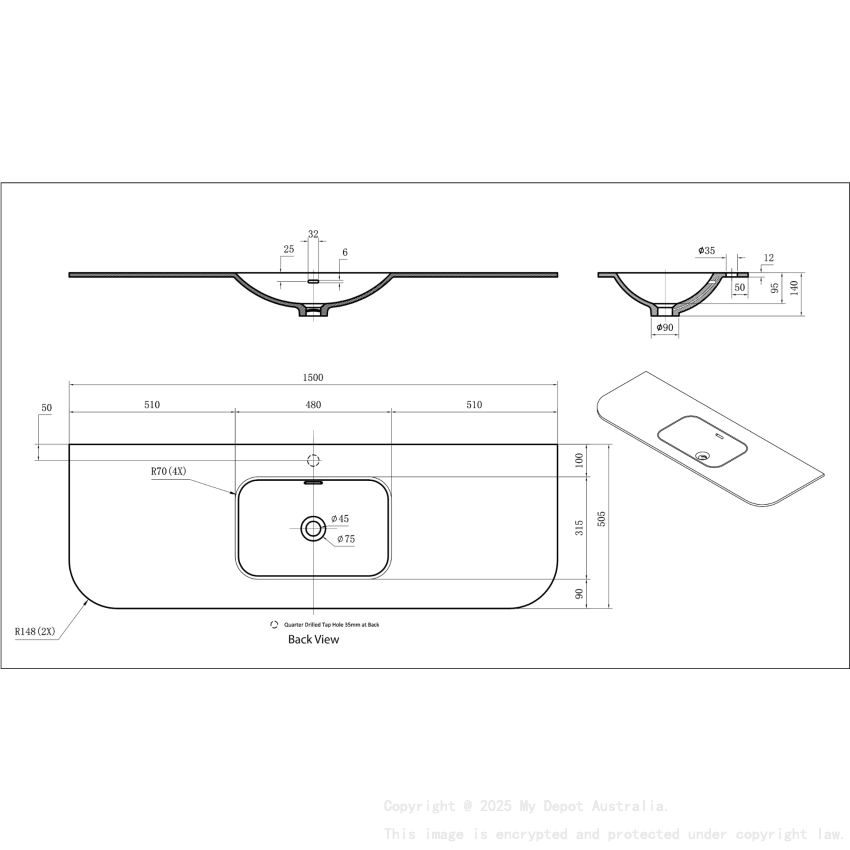 1505X505X140 Matte Black Aruro Solid Surface Stone Basin