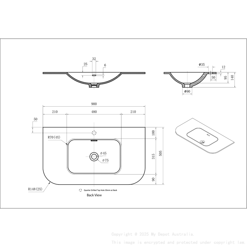 905X505X140 Matte Black Aruro Solid Surface Stone Basin