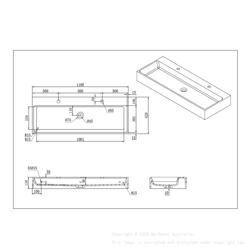 1100*420*130mm Matt White Crete Solid Surface Stone Wall Hung Basin None Overflow 32mm Waste