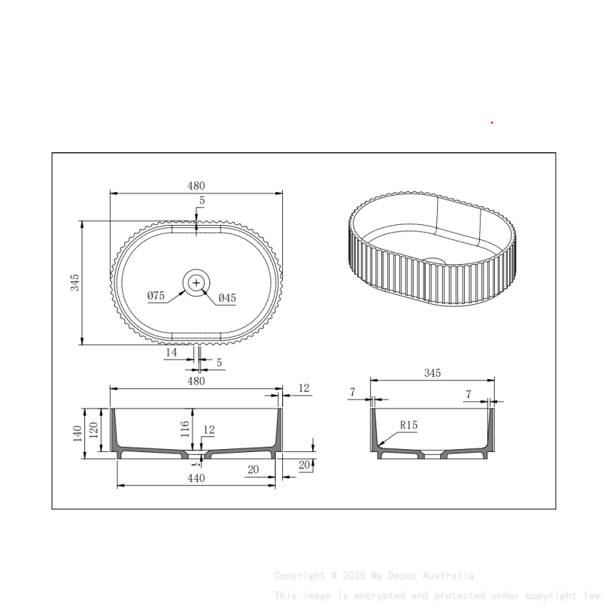 480*345*140mm Matte Black Ellips Fluted Solid Surface Above Counter Basin 32mm Waste