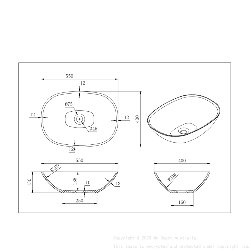 550*400*155mm Matt White Perry Solid Surface Stone Above Counter Basin 32mm Waste