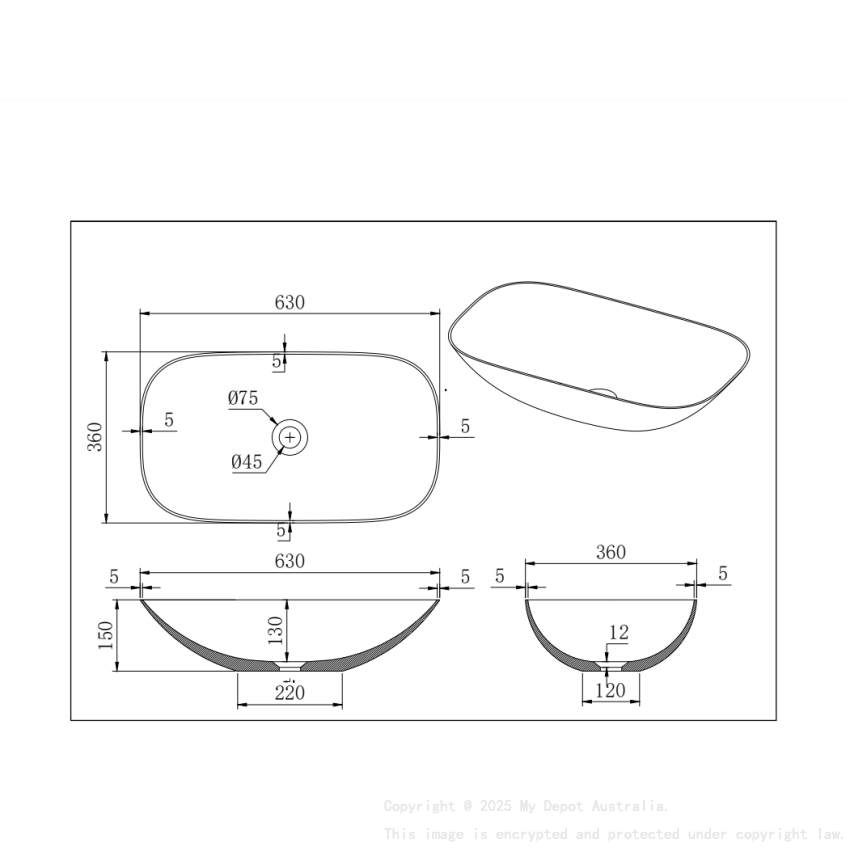 630*360*150mm Matt White Perry Solid Surface Stone Above Counter Basin 32mm Waste